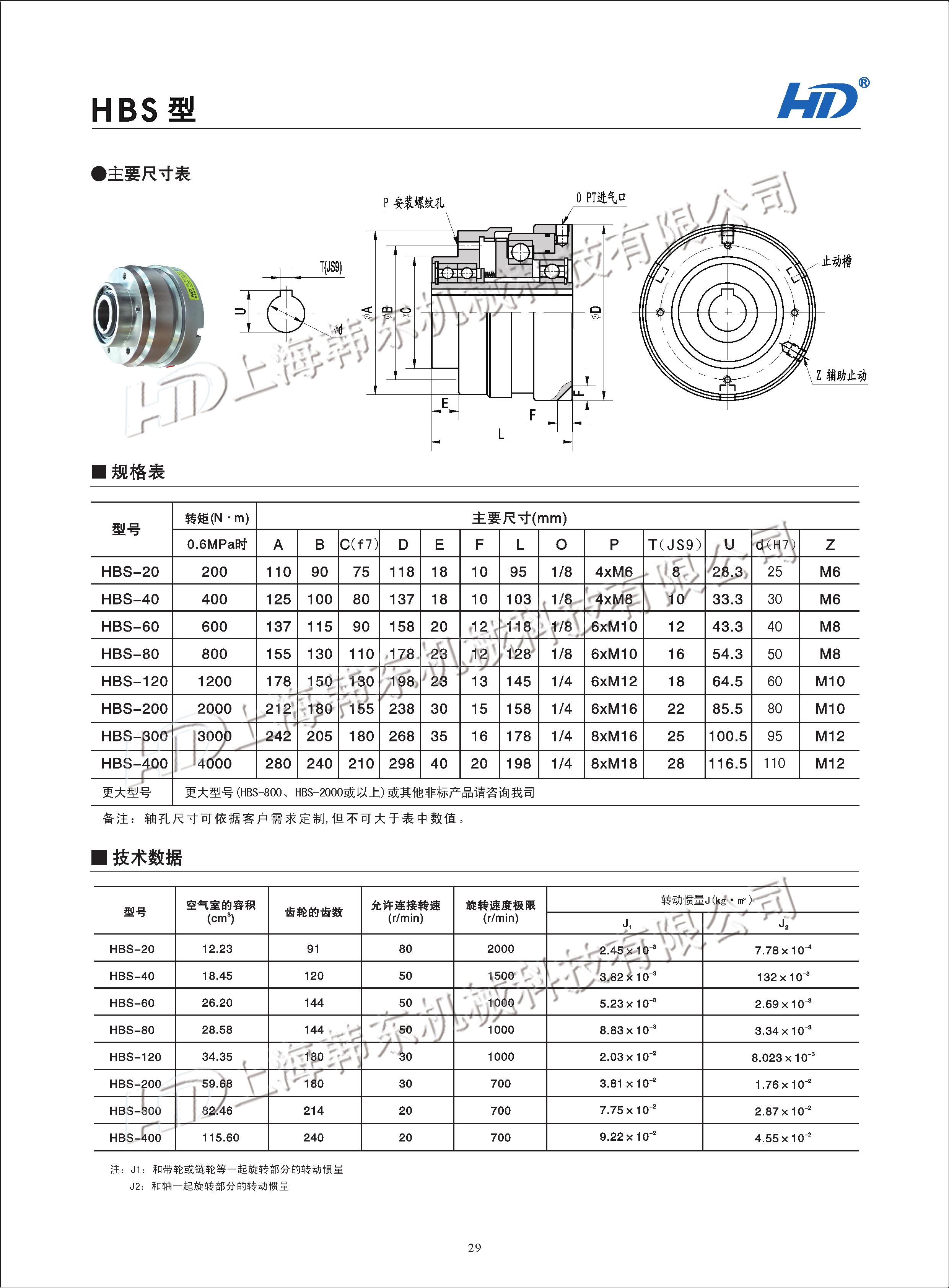 內(nèi)齒式氣動(dòng)離合器HBS型號(hào)參數(shù) 氣動(dòng)離合器